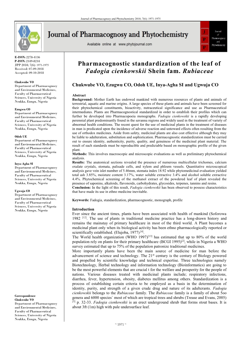 Pharmacognostic Standardization of the Leaf of Fadogia Cienkowskii