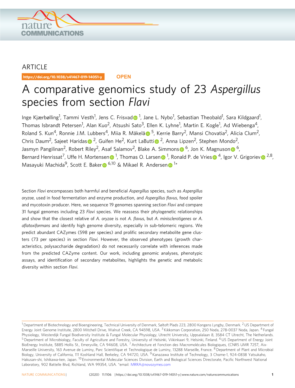 A Comparative Genomics Study of 23 Aspergillus Species from Section Flavi