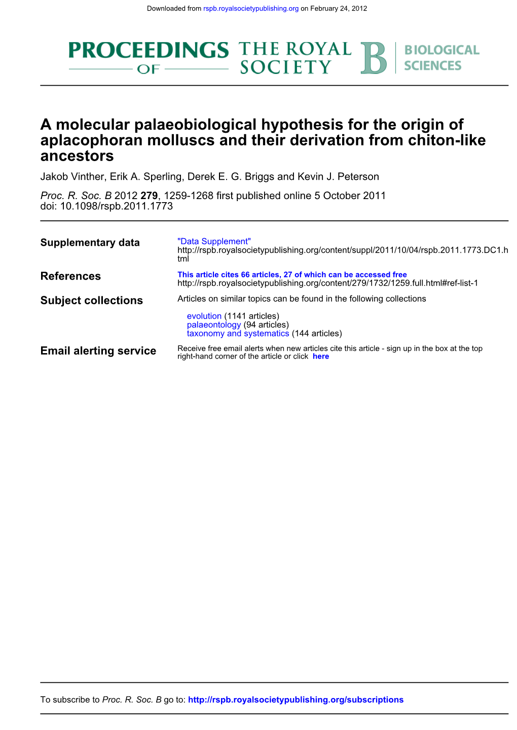 Ancestors Aplacophoran Molluscs and Their Derivation from Chiton-Like a Molecular Palaeobiological Hypothesis for the Origin Of