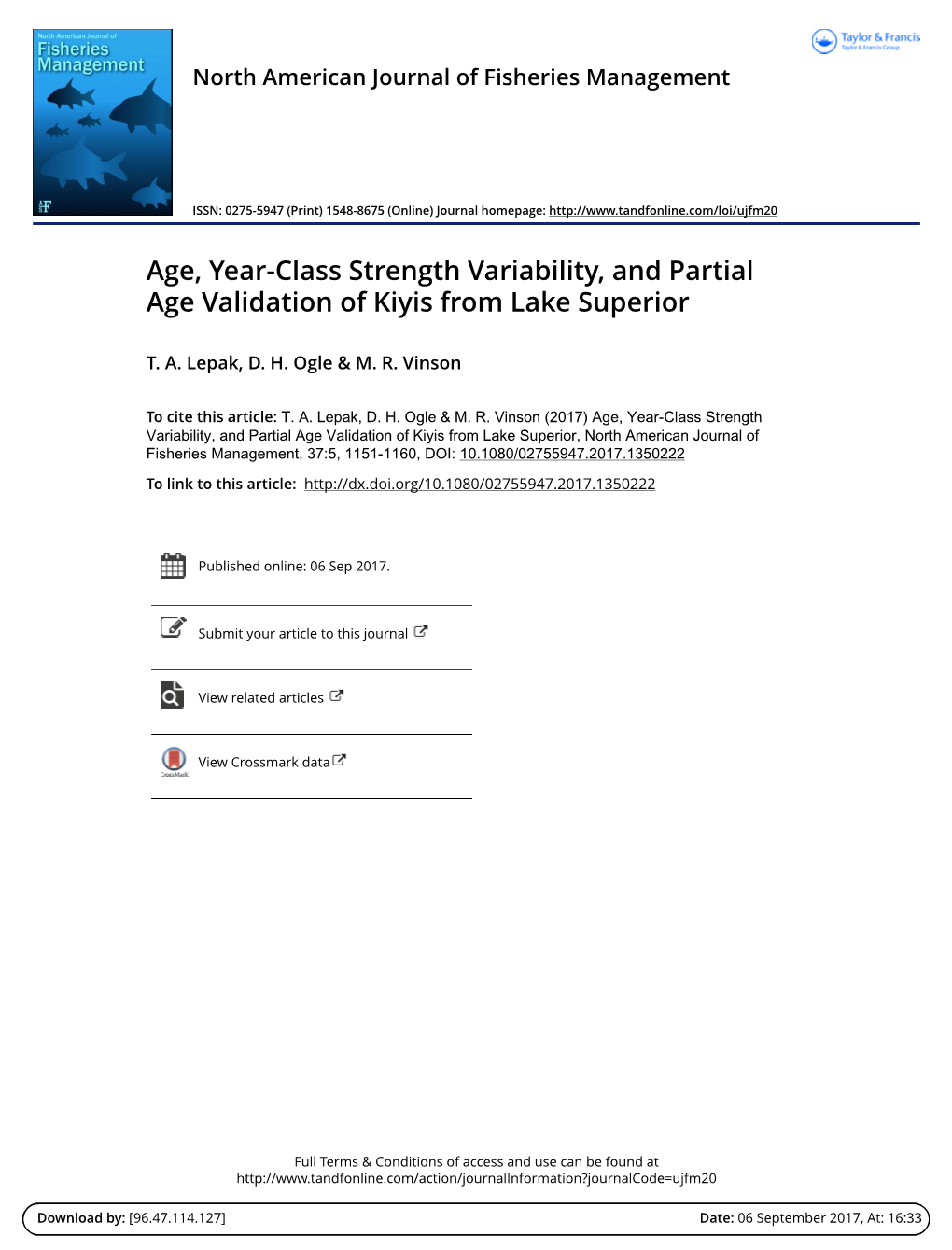 Age, Year-Class Strength Variability, and Partial Age Validation of Kiyis from Lake Superior