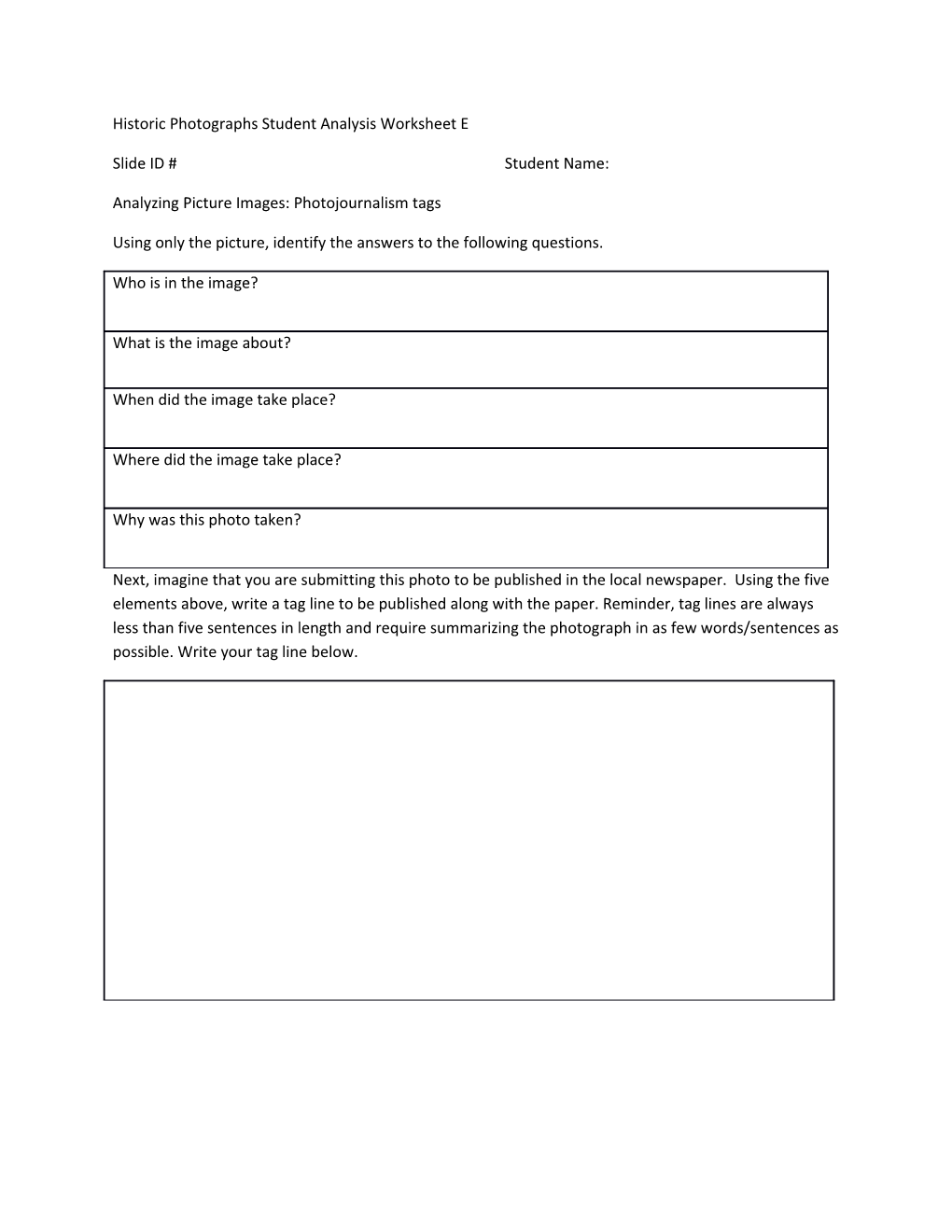 Historic Photographs Student Analysis Worksheet E