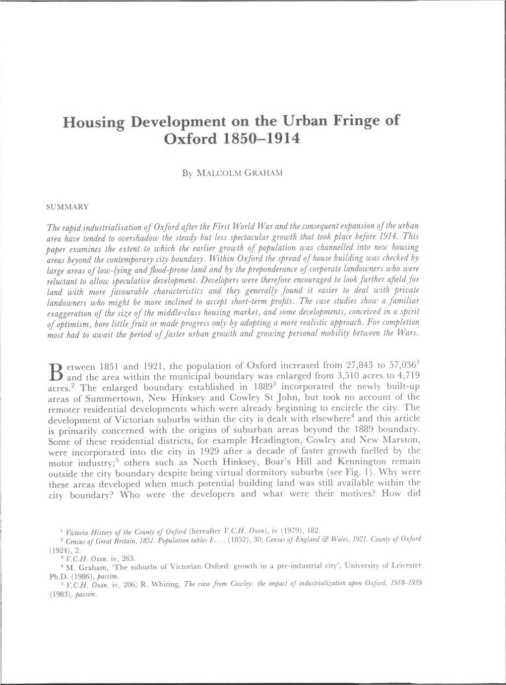 Housing Development on the Urban Fringe of Oxford 1850-1914