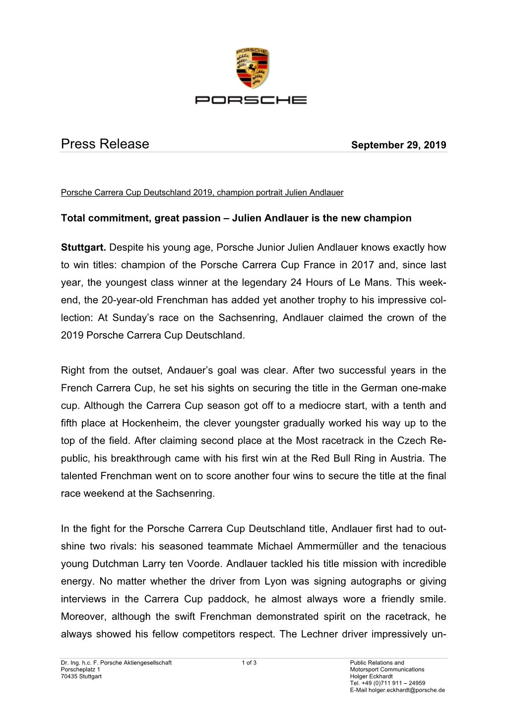 Press Release September 29, 2019