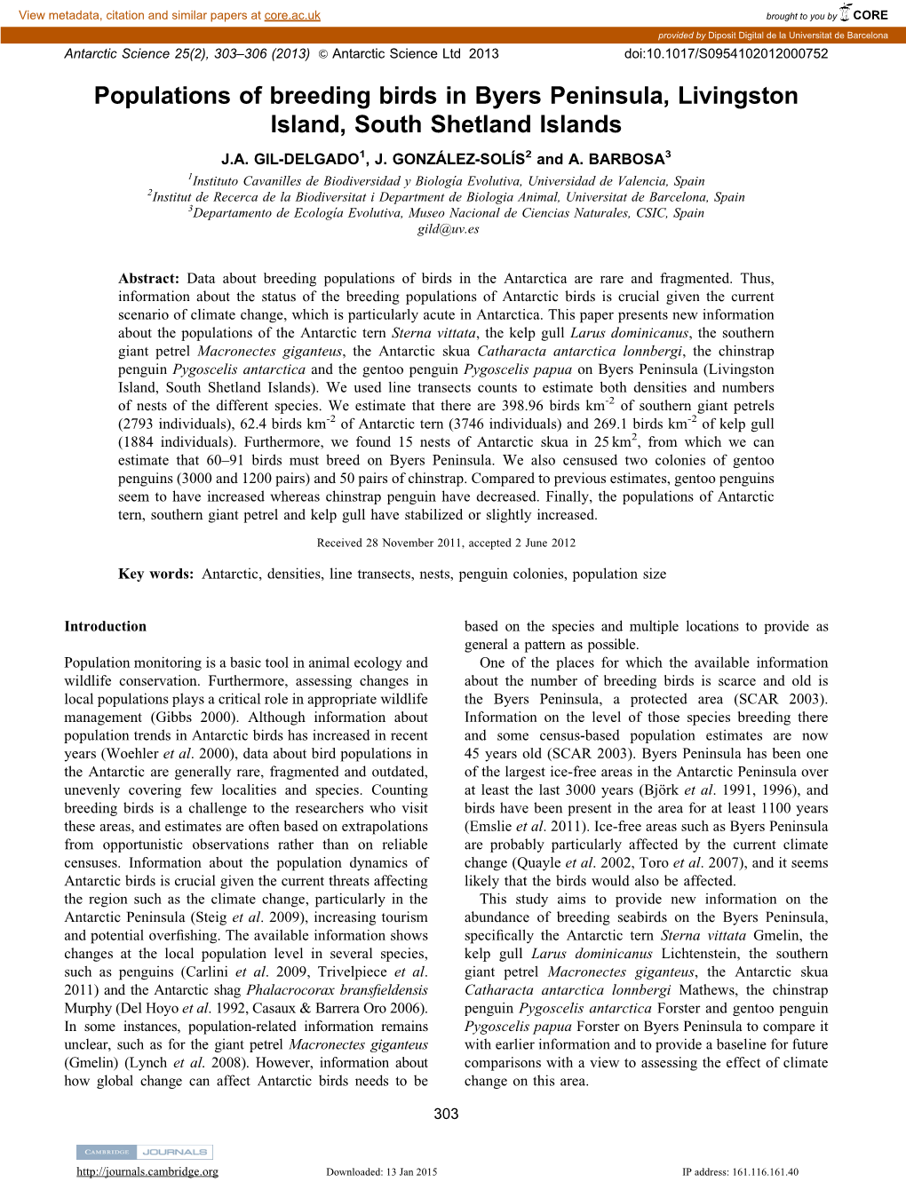 Populations of Breeding Birds in Byers Peninsula, Livingston Island, South Shetland Islands J.A