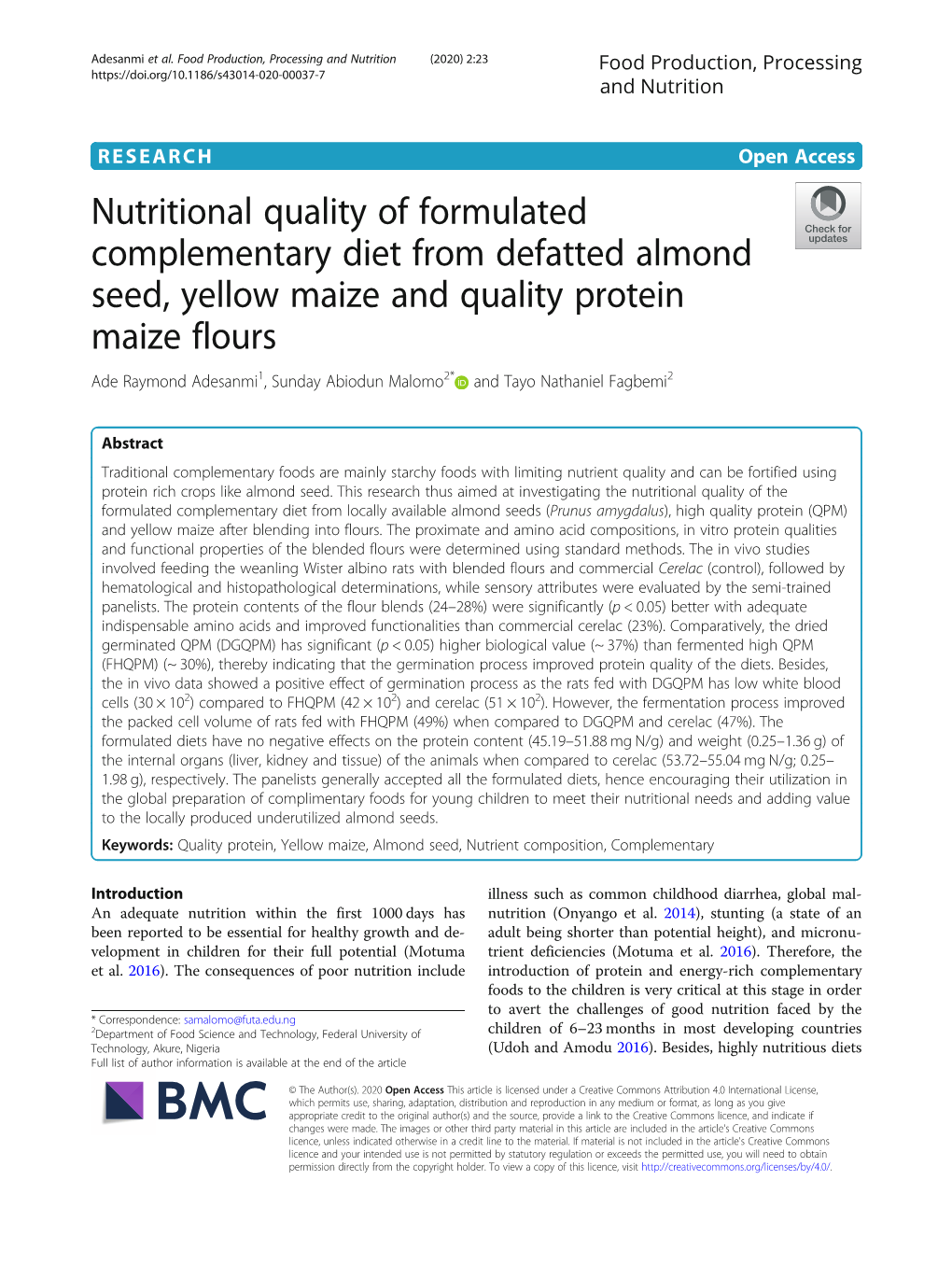 Nutritional Quality of Formulated Complementary Diet from Defatted