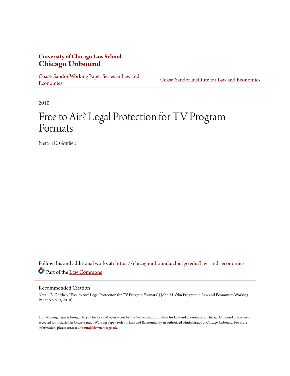 Free to Air? Legal Protection for TV Program Formats Neta-Li E