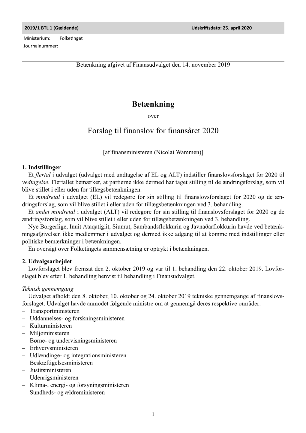 Betænkning Forslag Til Finanslov for Finansåret 2020