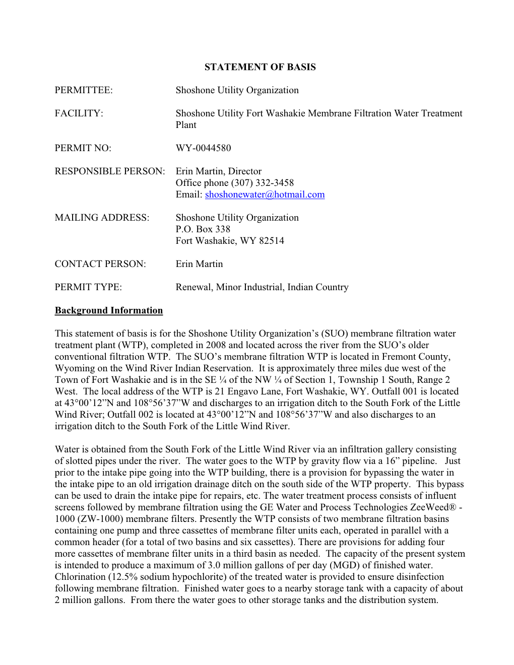 Statement of Basis for Shoshone Utility Organization Water