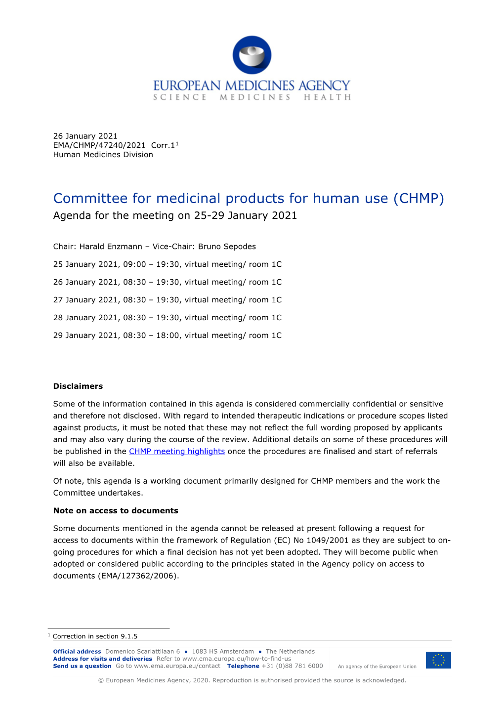 CHMP Agenda of the 25-29 January 2021 Meeting