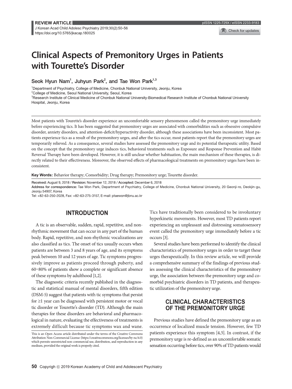 Clinical Aspects of Premonitory Urges in Patients with Tourette's Disorder