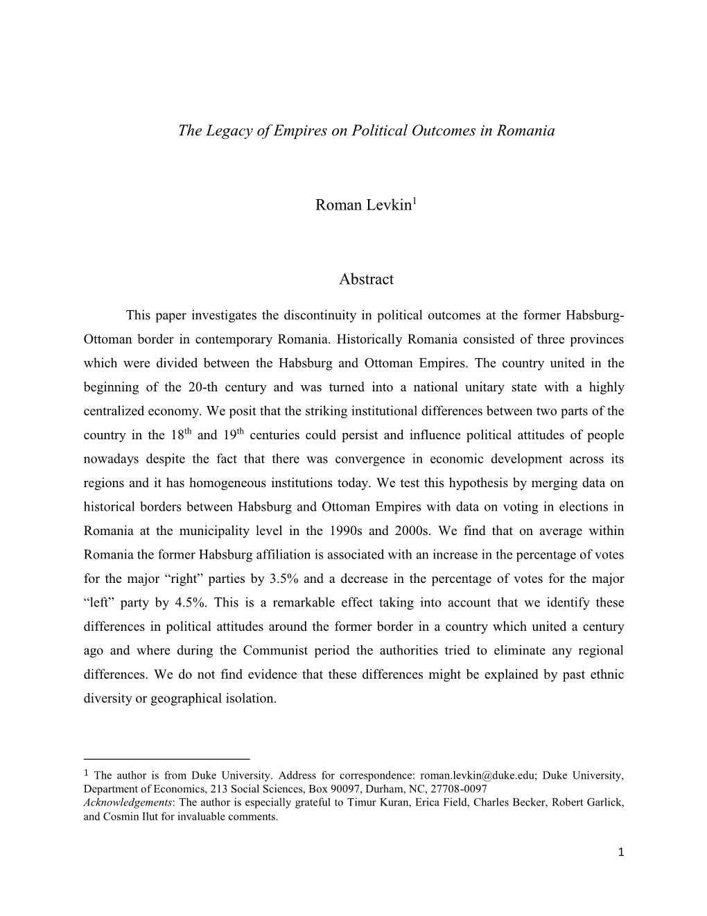 The Legacy of Empires on Political Outcomes in Romania Roman