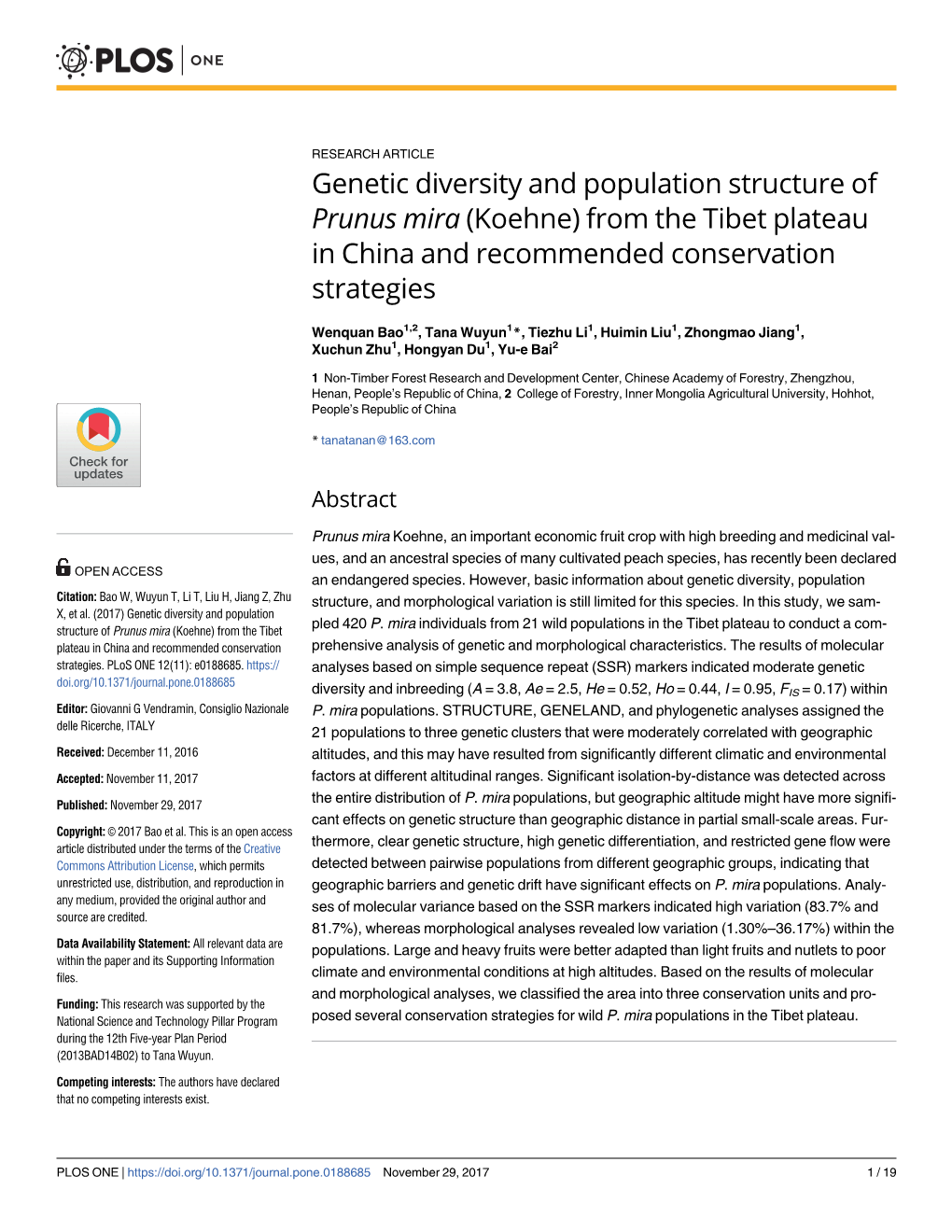 Genetic Diversity and Population Structure of Prunus Mira (Koehne) from the Tibet Plateau in China and Recommended Conservation Strategies