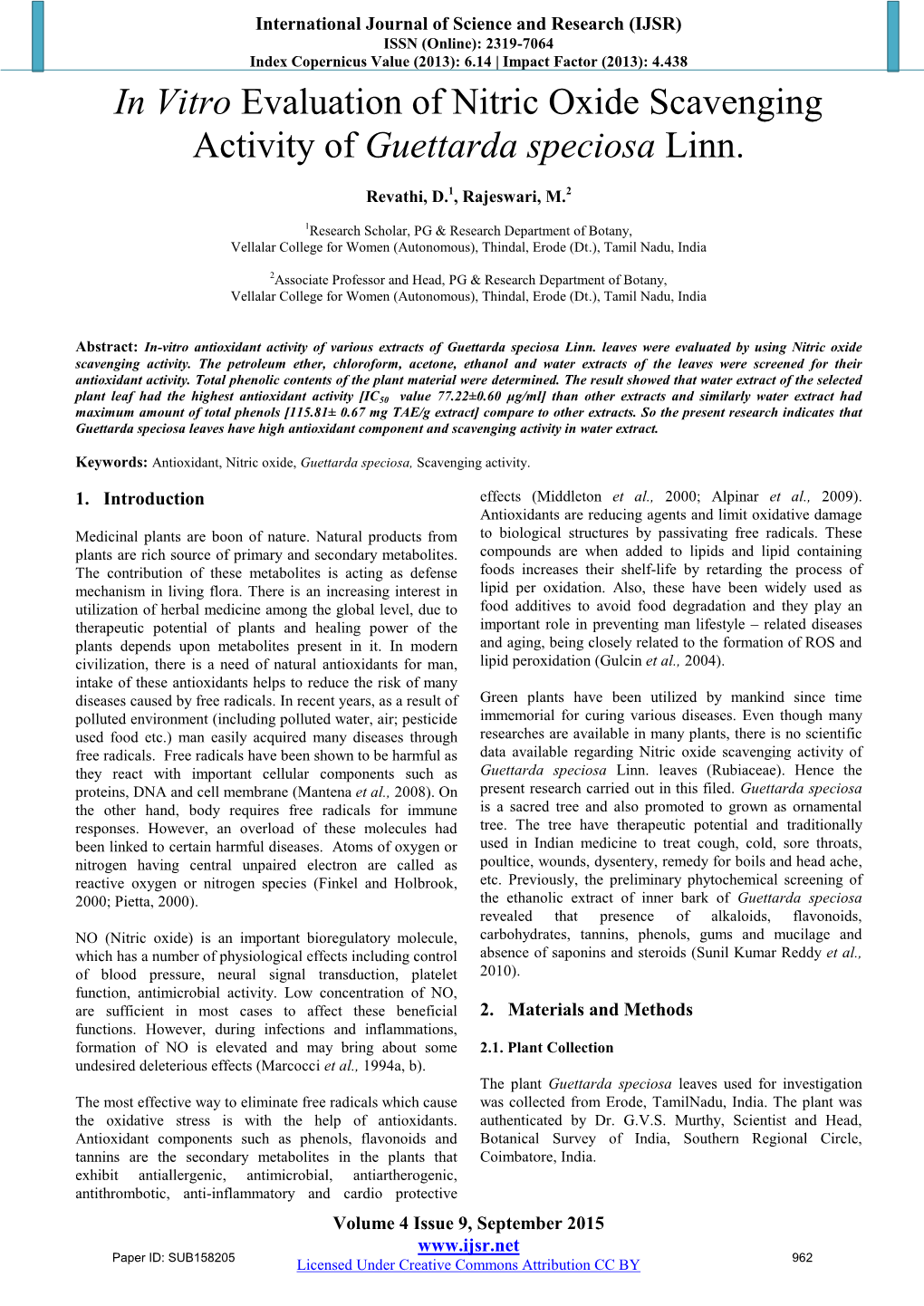 In Vitro Evaluation of Nitric Oxide Scavenging Activity of Guettarda Speciosa Linn