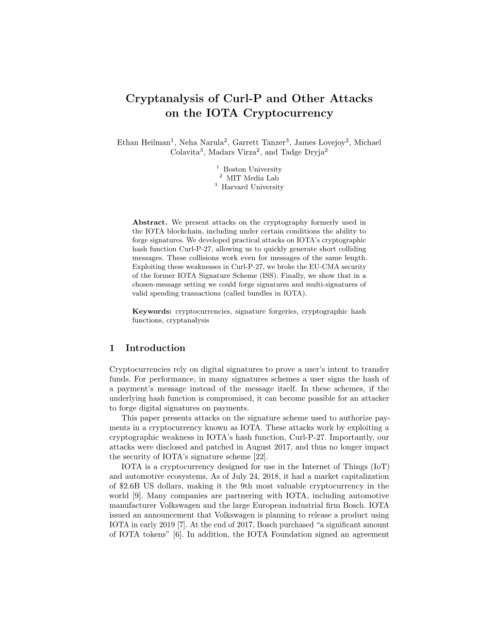 Cryptanalysis of Curl-P and Other Attacks on the IOTA Cryptocurrency