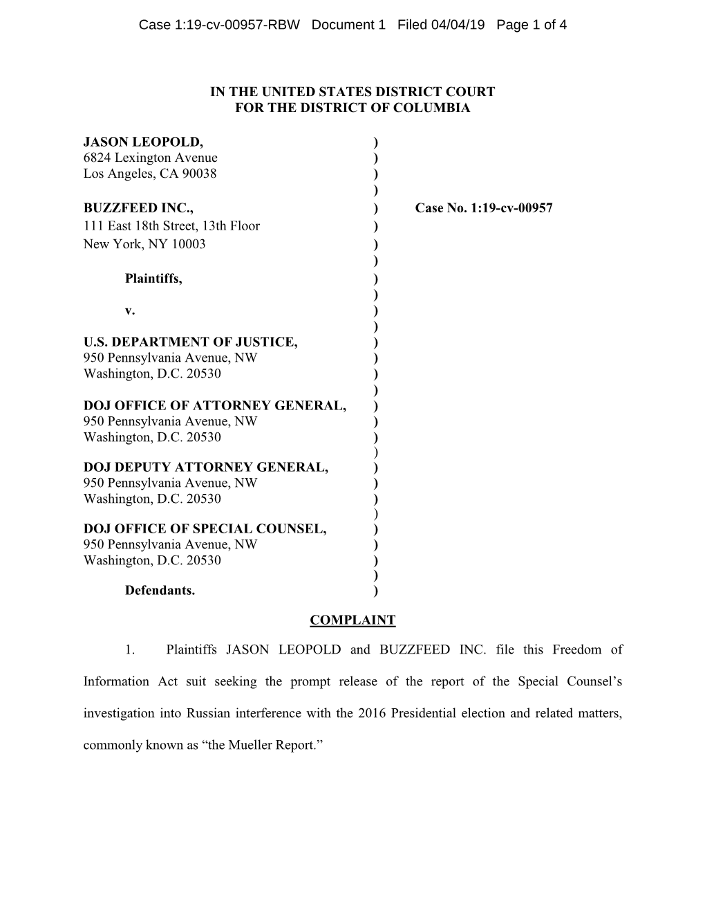 Case 1:19-Cv-00957-RBW Document 1 Filed 04/04/19 Page 1 of 4