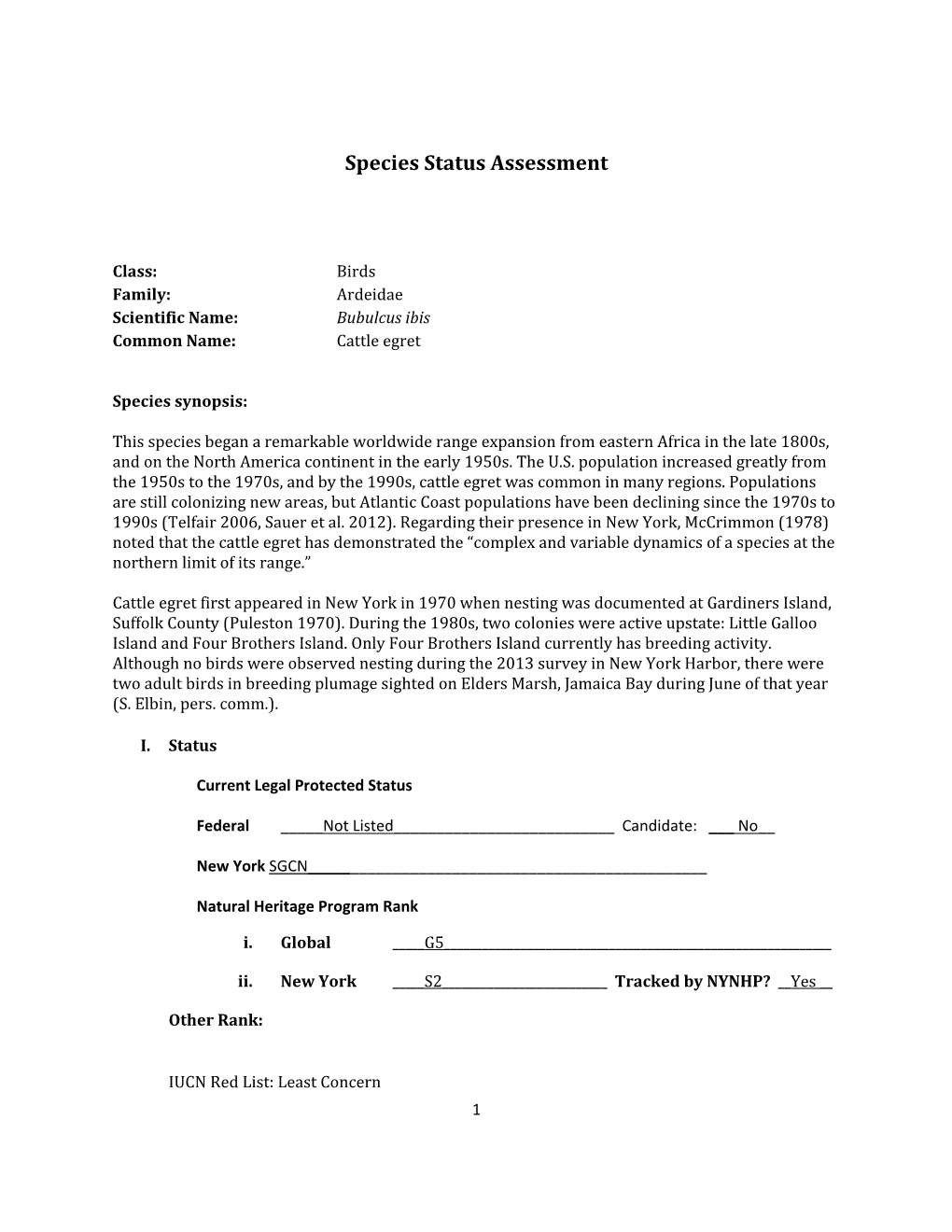 Species Assessment for Cattle Egret