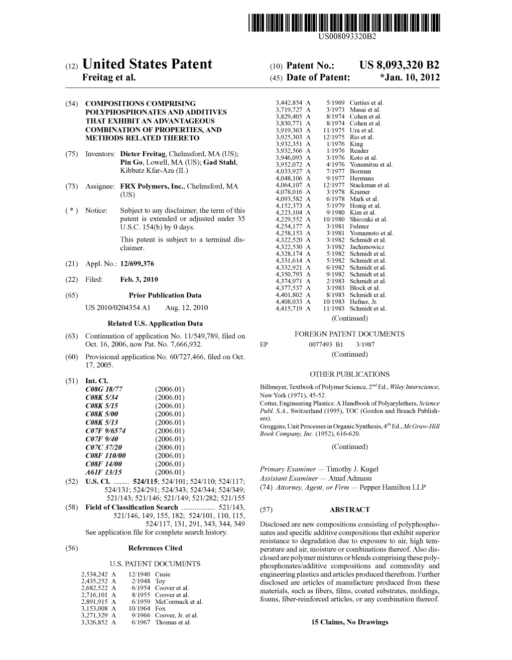 (12) United States Patent (10) Patent No.: US 8,093,320 B2 Freitag Et Al