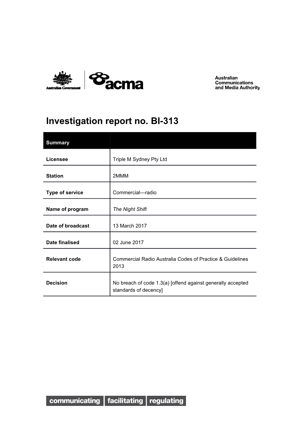 Investigation Report No. BI-313