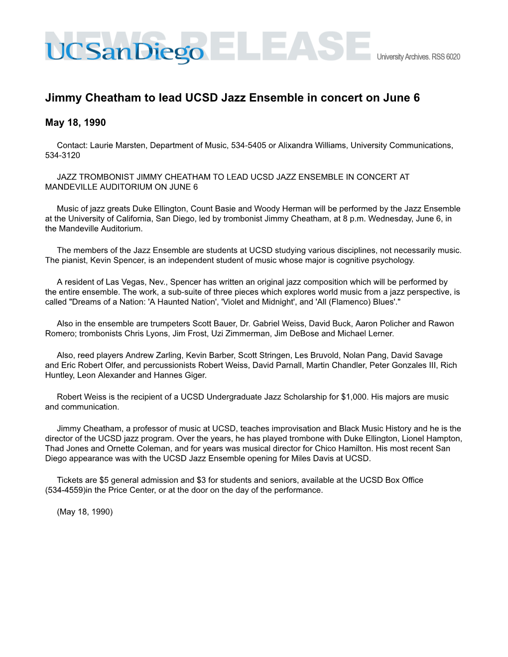 Jimmy Cheatham to Lead UCSD Jazz Ensemble in Concert on June 6