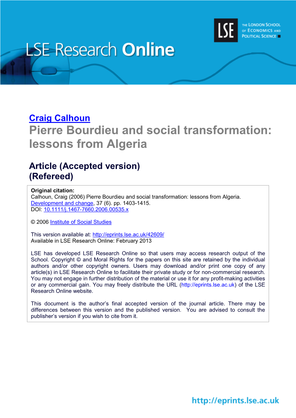 Pierre Bourdieu and Social Transformation: Lessons from Algeria