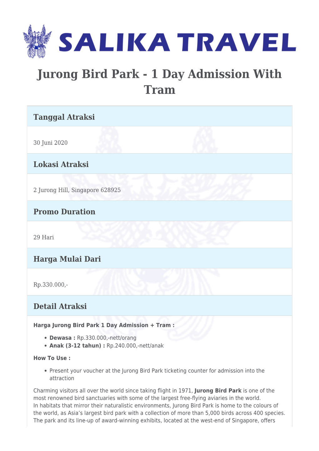 Jurong Bird Park - 1 Day Admission with Tram