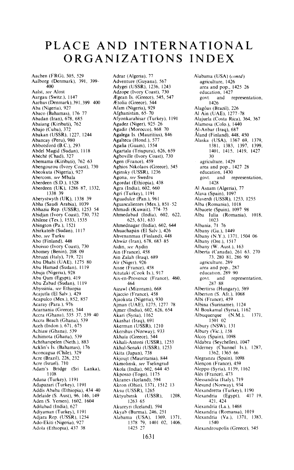 Place and International Organizations Index