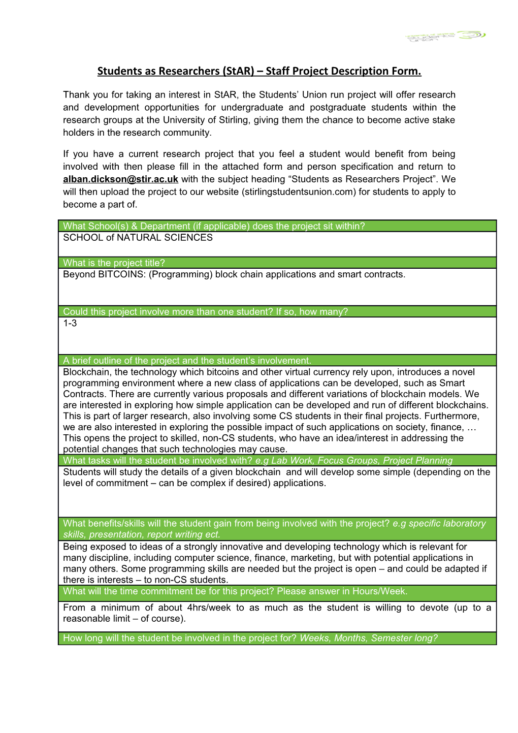 Students As Researchers (Star) Staff Project Description Form