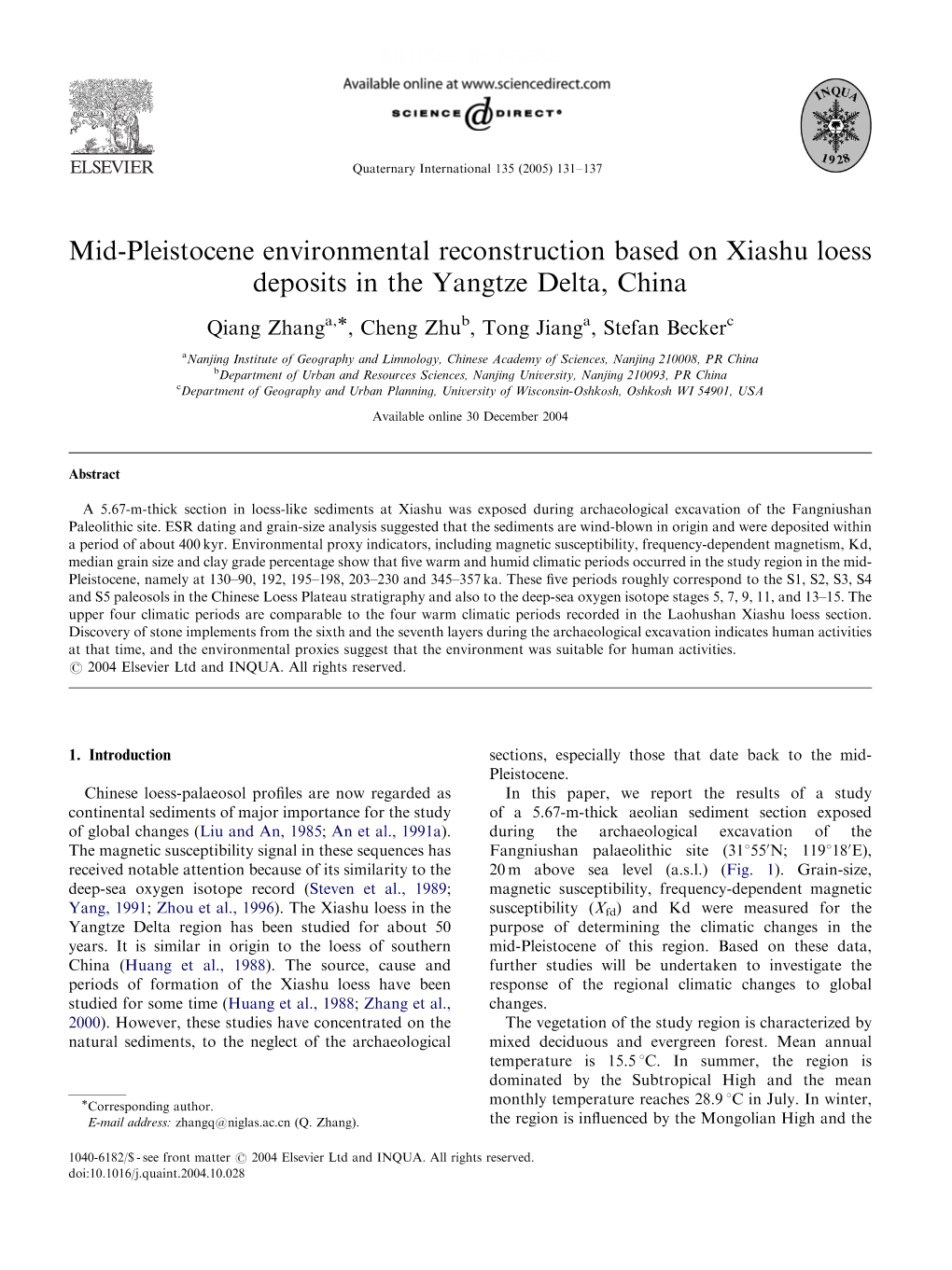 Mid-Pleistocene Environmental Reconstruction Based on Xiashu Loess Deposits in the Yangtze Delta, China