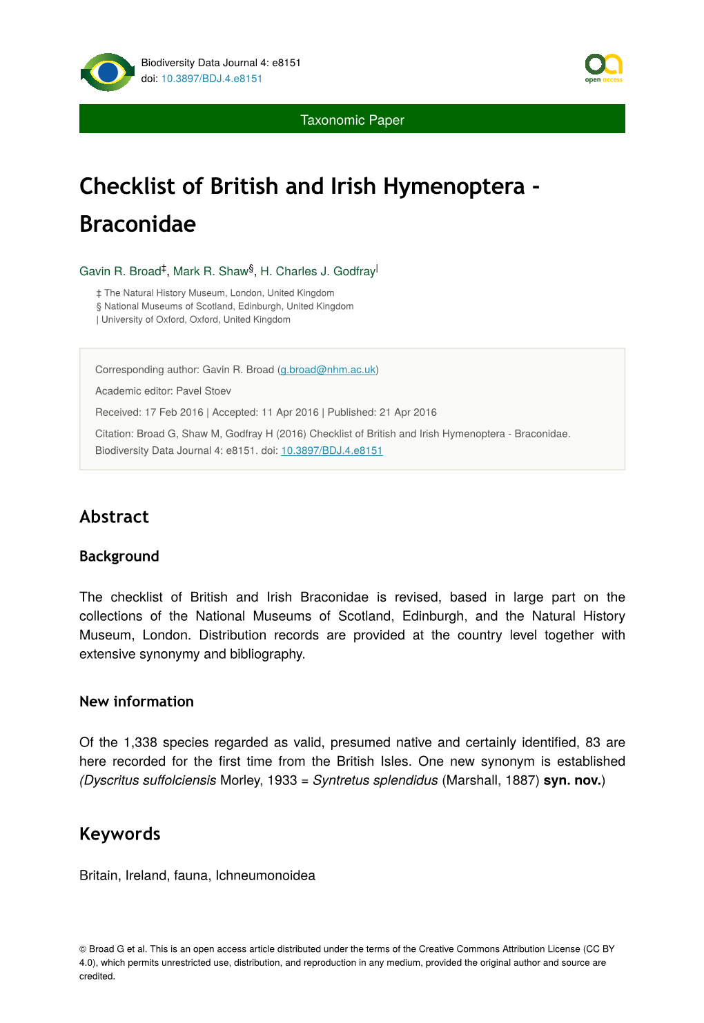 Checklist of British and Irish Hymenoptera - Braconidae