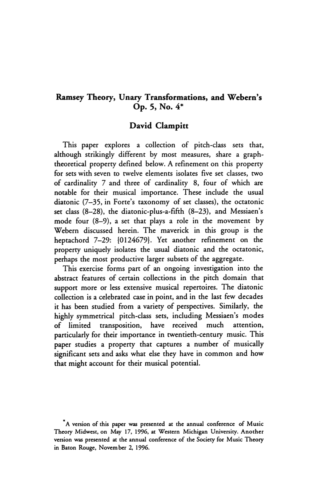 Ramsey Theory, Unary Transformations, and Webern's Op