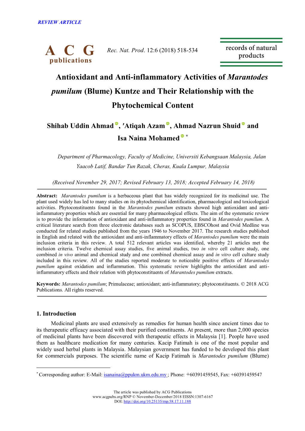 Antioxidant and Anti-Inflammatory Activities of Marantodes Pumilum (Blume) Kuntze and Their Relationship with the Phytochemical Content