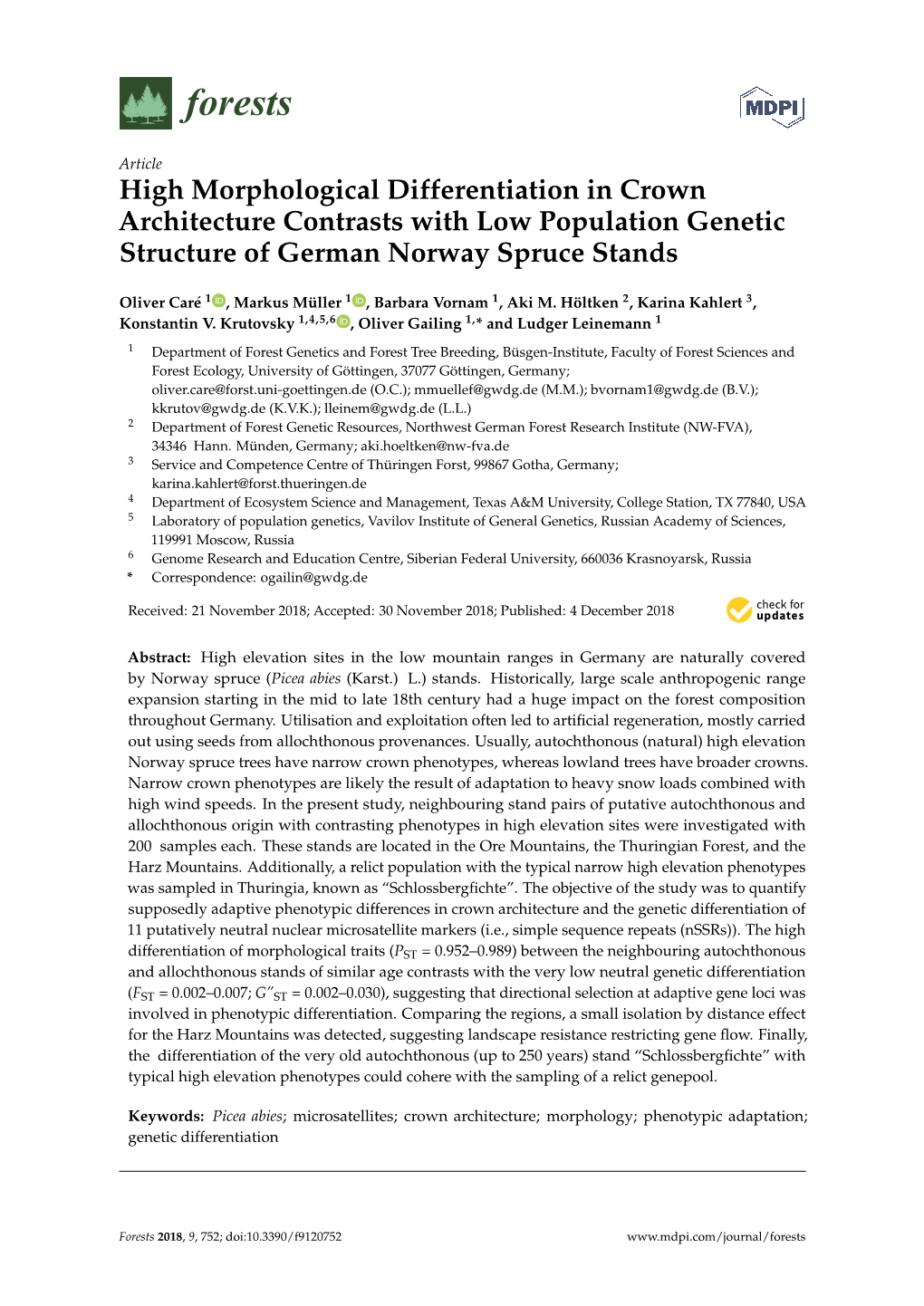 High Morphological Differentiation in Crown Architecture Contrasts with Low Population Genetic Structure of German Norway Spruce Stands