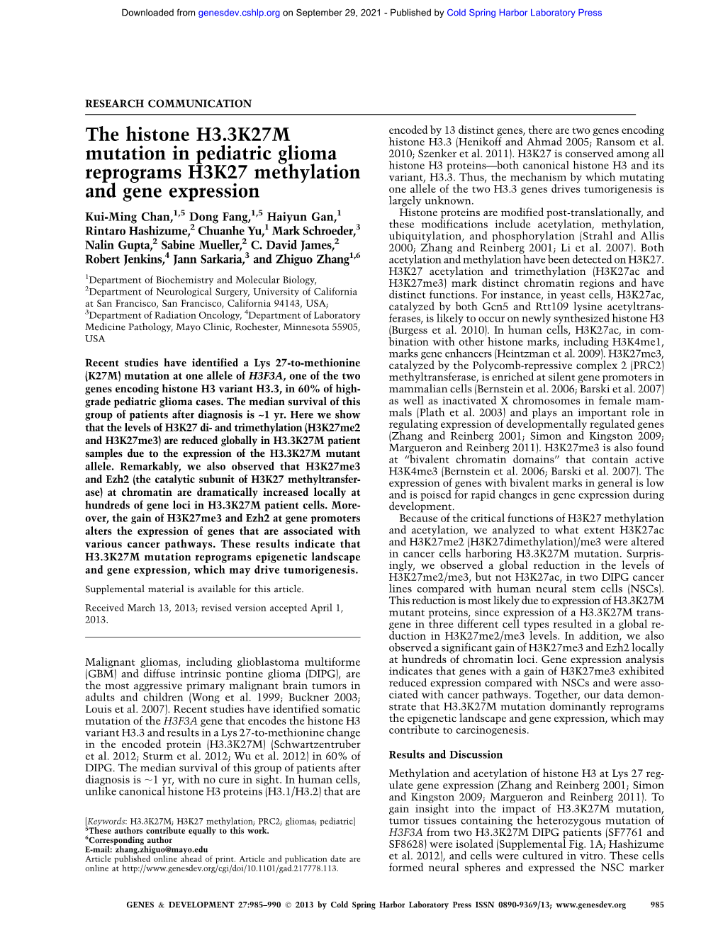 The Histone H3.3K27M Mutation in Pediatric Glioma Reprograms H3K27 Methylation and Gene Expression