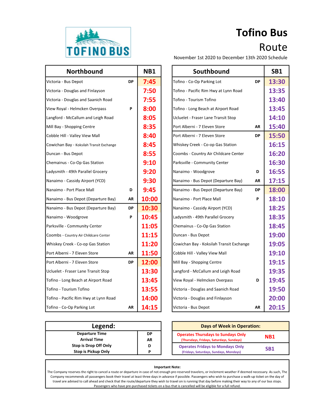 Tofino Bus Route November 1St 2020 to December 13Th 2020 Schedule