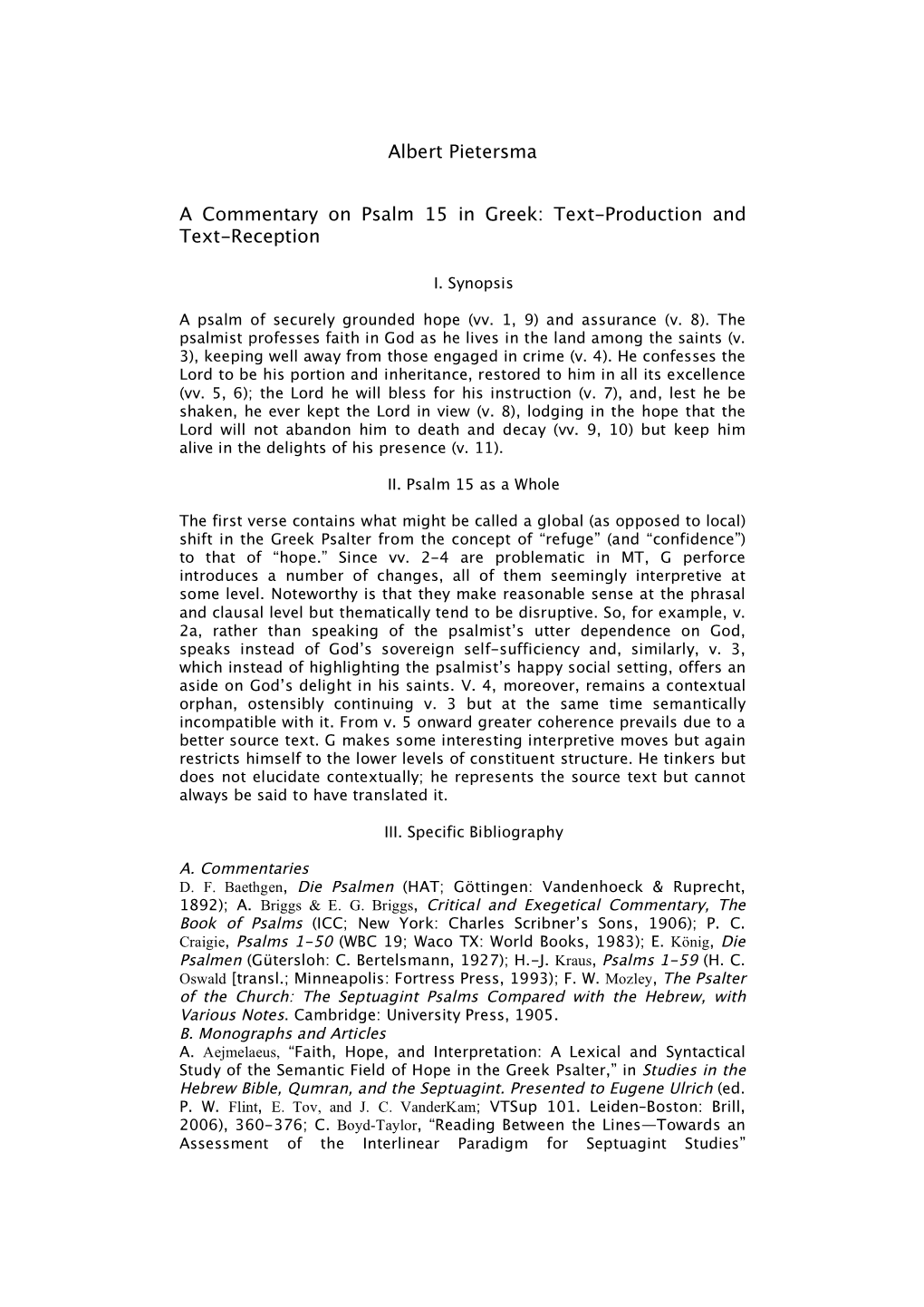 Psalm 15 in Greek: Text-Production and Text-Reception