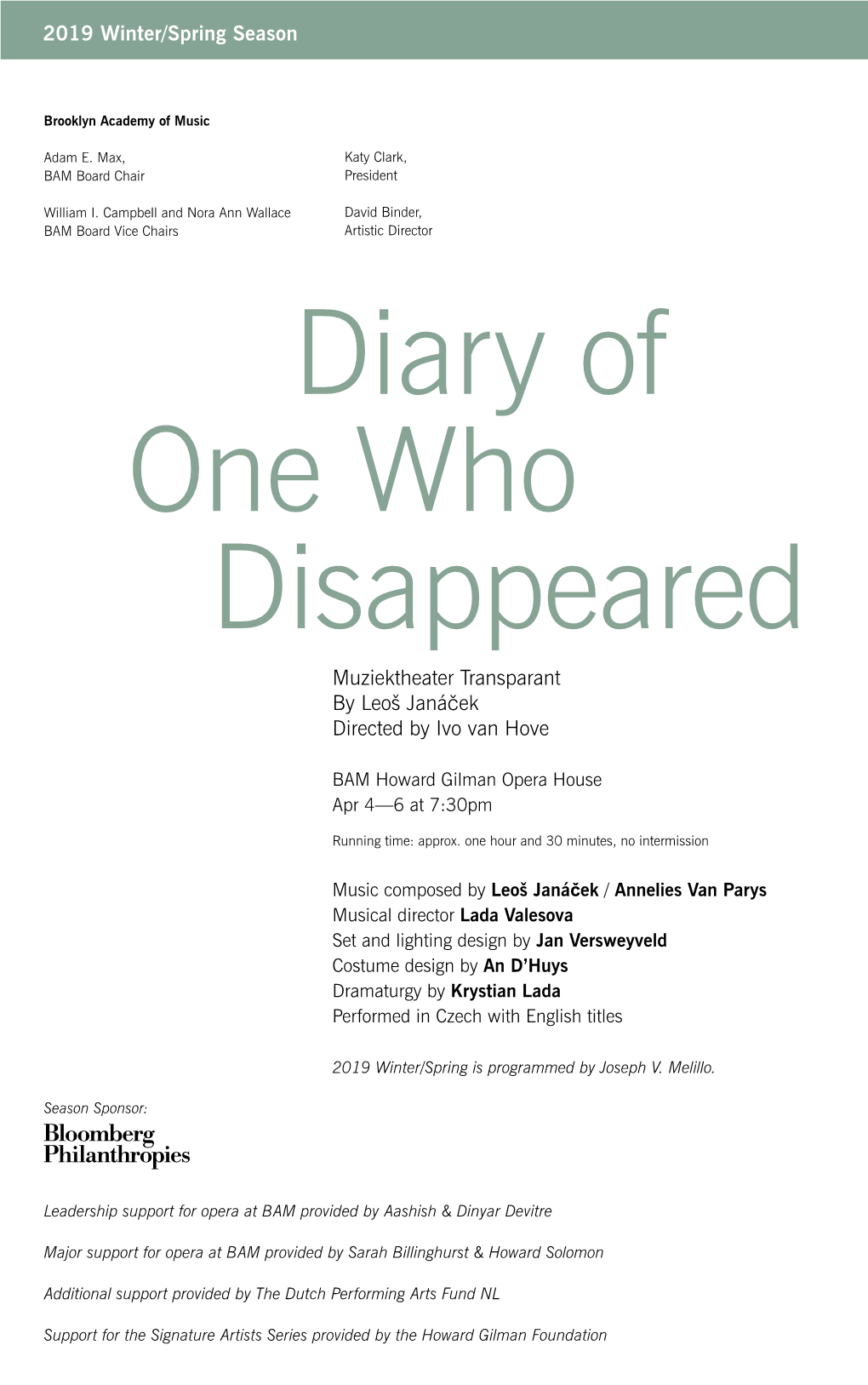 Diary of One Who Disappeared Muziektheater Transparant by Leoš Janáček Directed by Ivo Van Hove