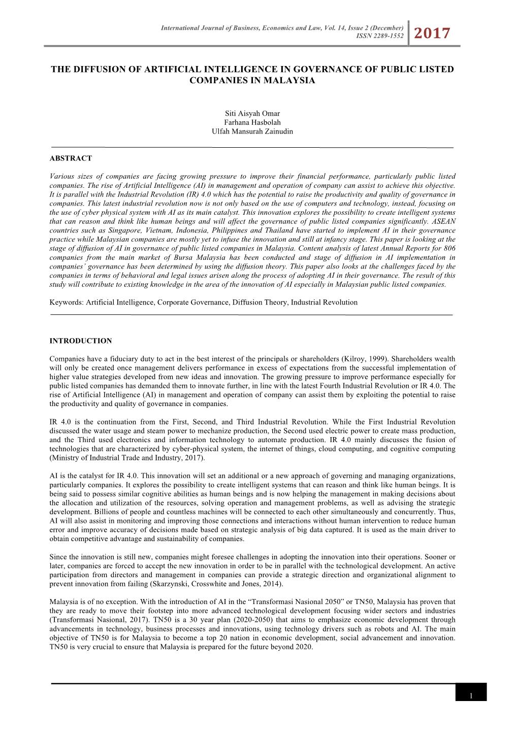 The Diffusion of Artificial Intelligence in Governance of Public Listed Companies in Malaysia