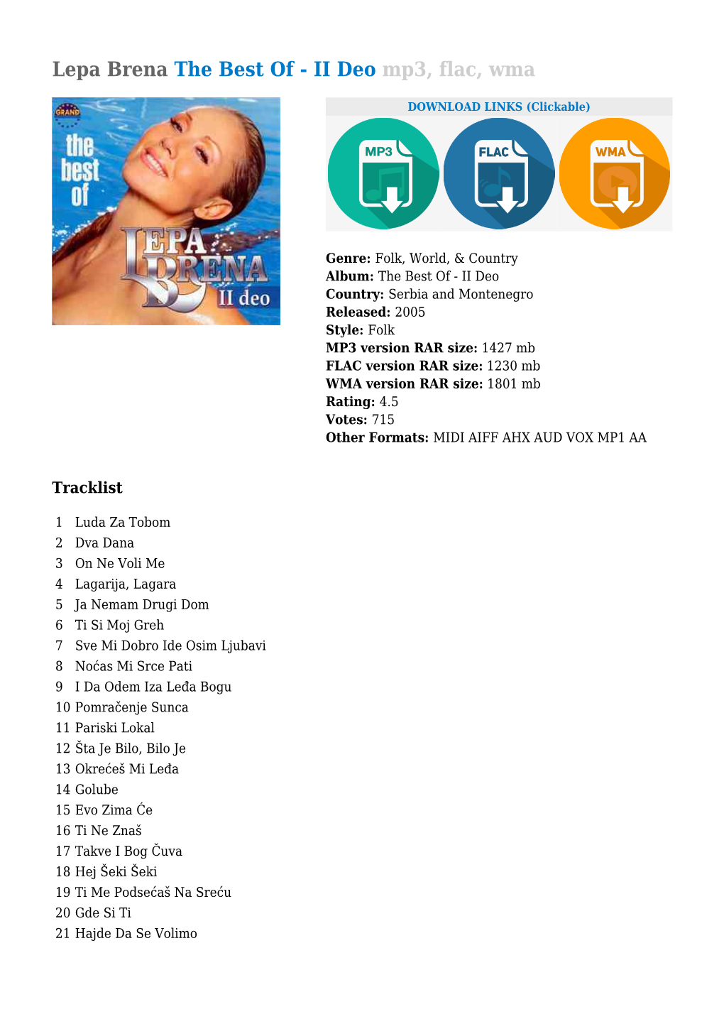 Lepa Brena the Best of - II Deo Mp3, Flac, Wma