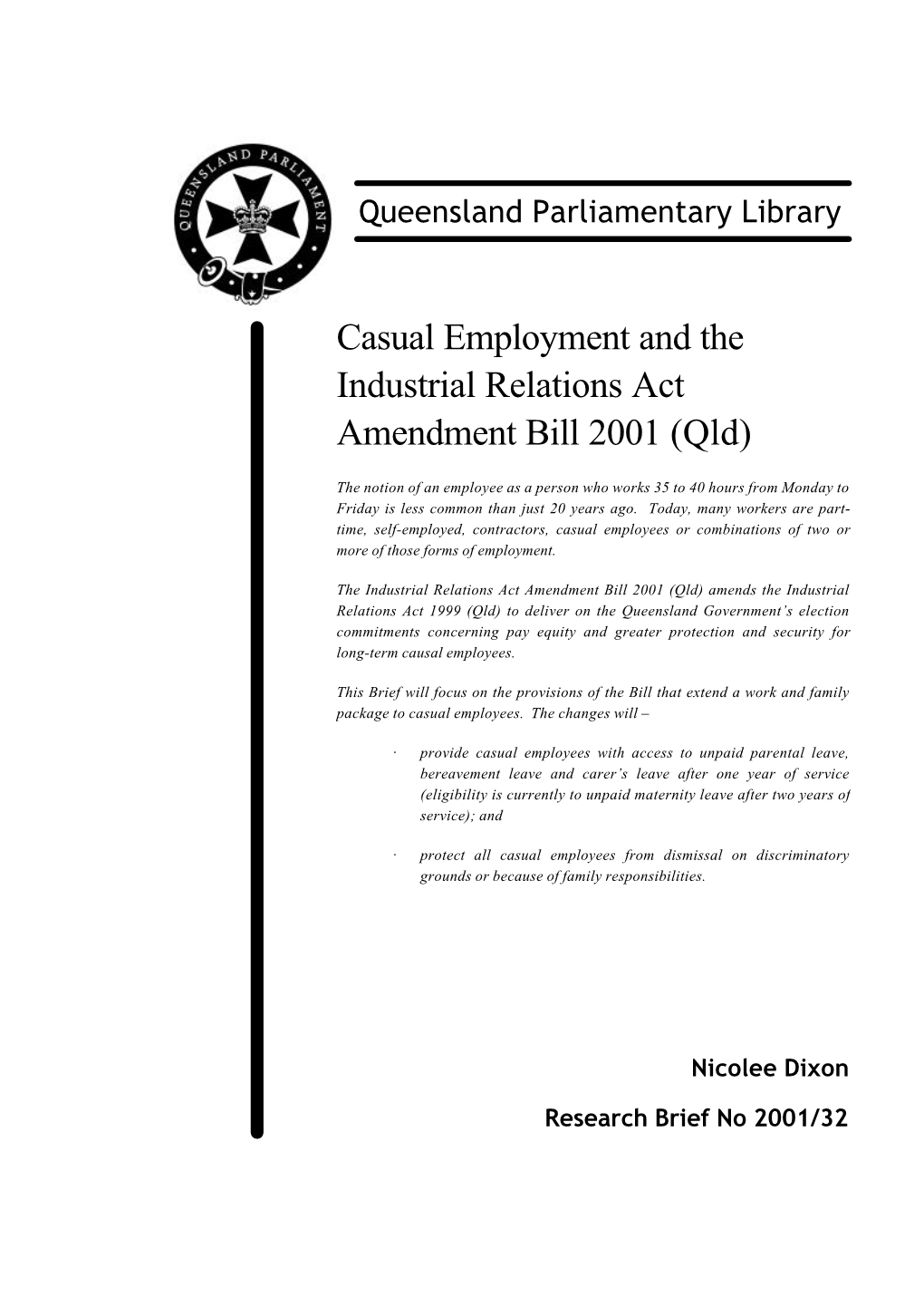 Casual Employment and the Industrial Relations Act Amendment Bill 2001 (Qld)