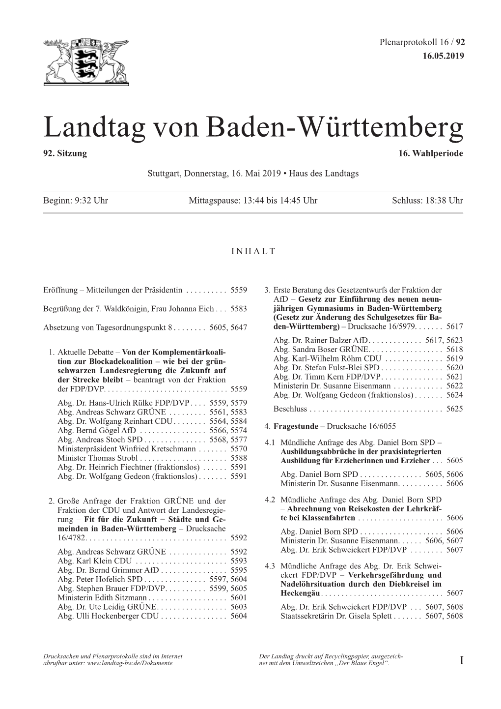 Landtag Von Baden-Württemberg 92