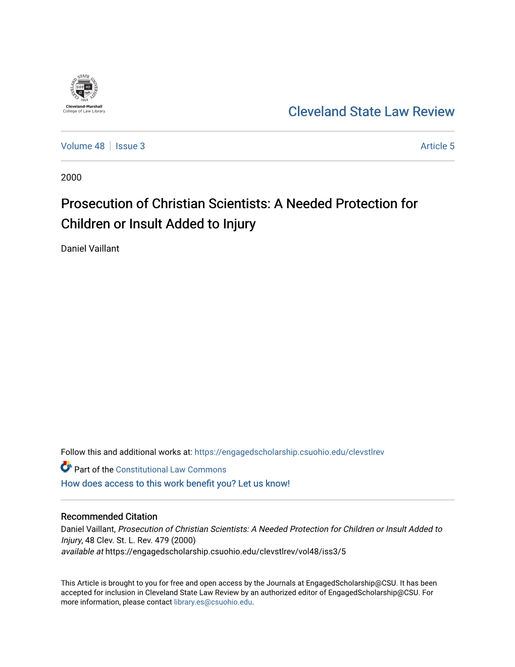 Prosecution of Christian Scientists: a Needed Protection for Children Or Insult Added to Injury