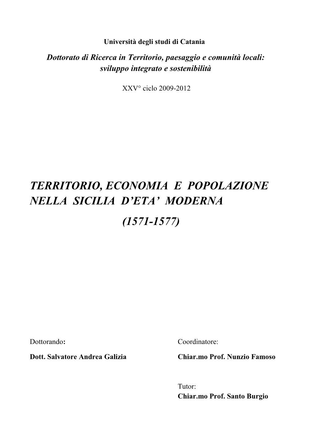 Territorio, Economia E Popolazione Nella Sicilia D'eta' Moderna
