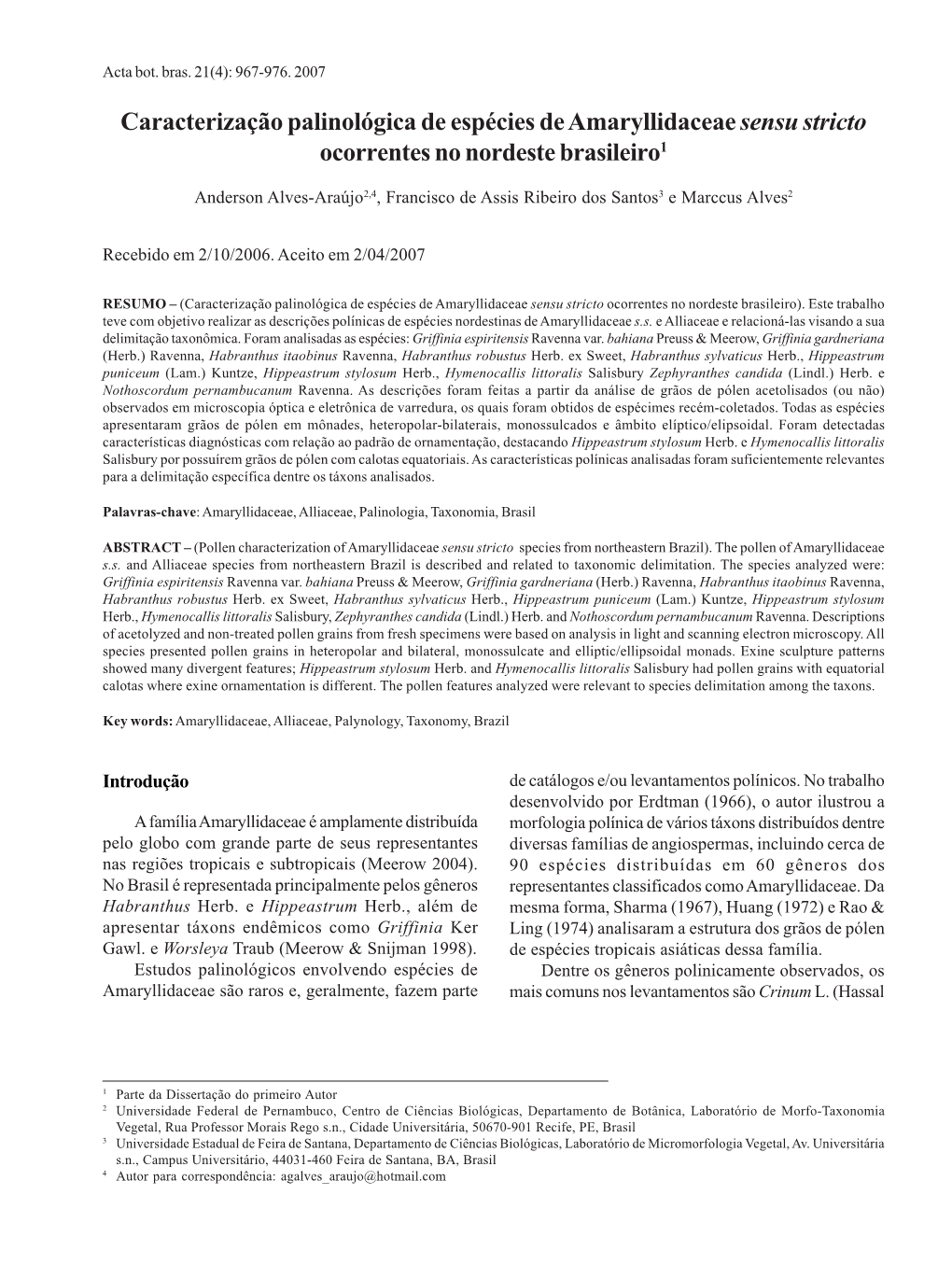 Caracterização Palinológica De Espécies De Amaryllidaceae Sensu Stricto Ocorrentes No Nordeste Brasileiro1