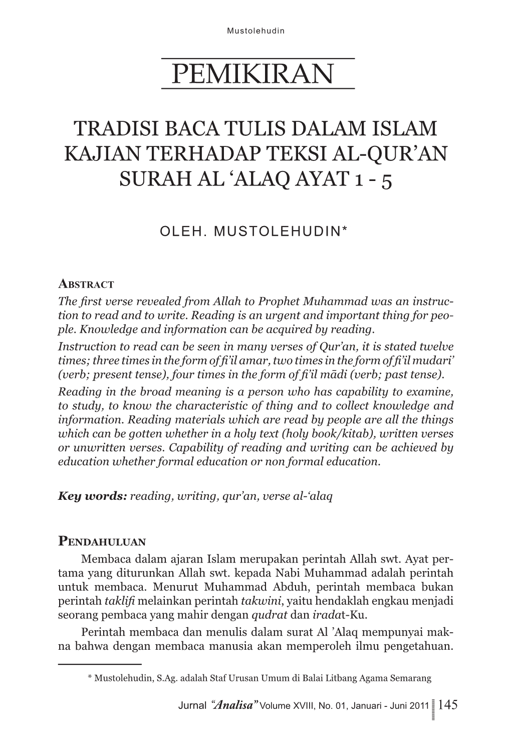 Tradisi Baca Tulis Dalam Islam Kajian Terhadap Teksi Al-Qur'an Surah Al