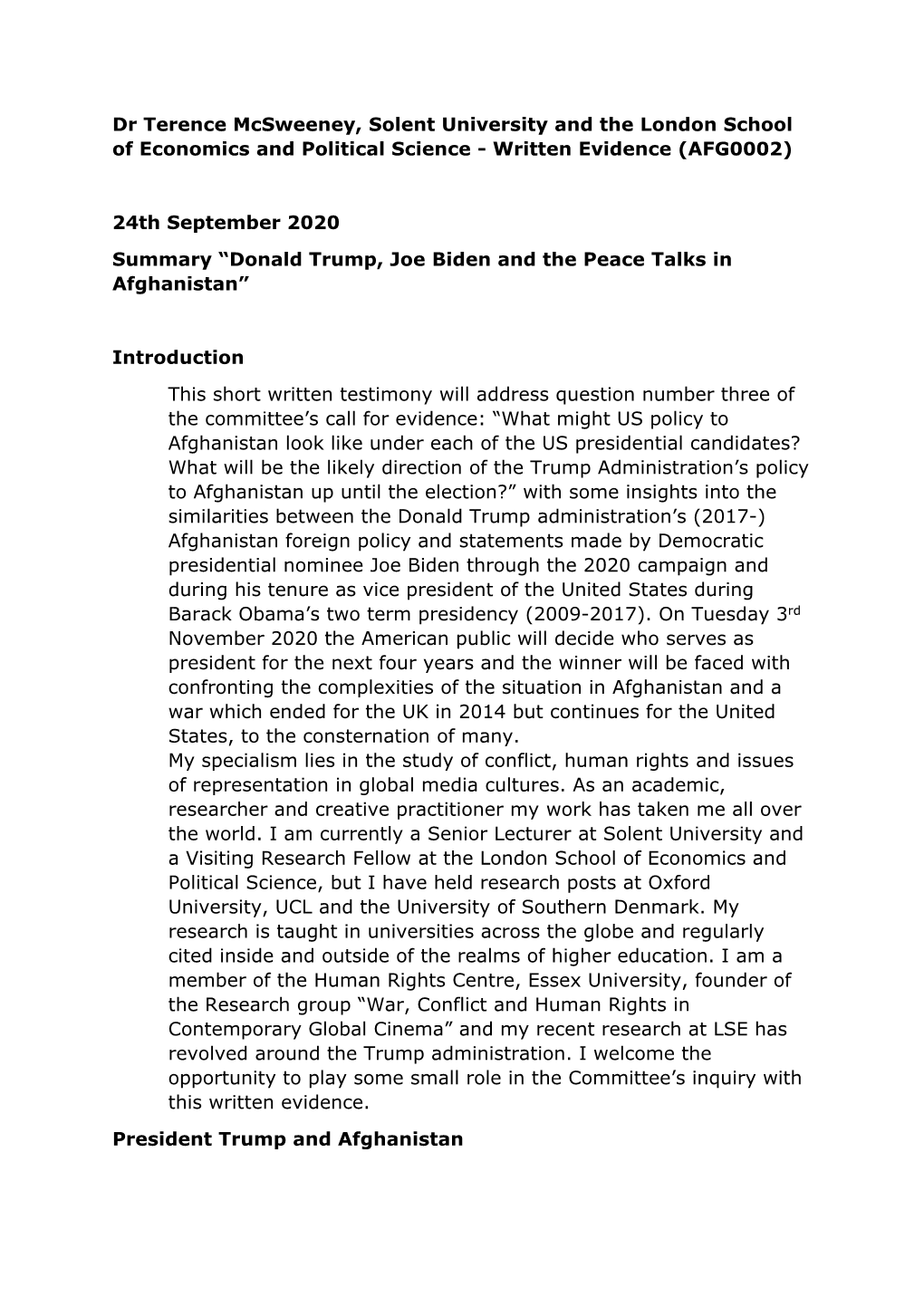 Dr Terence Mcsweeney, Solent University and the London School of Economics and Political Science - Written Evidence (AFG0002)