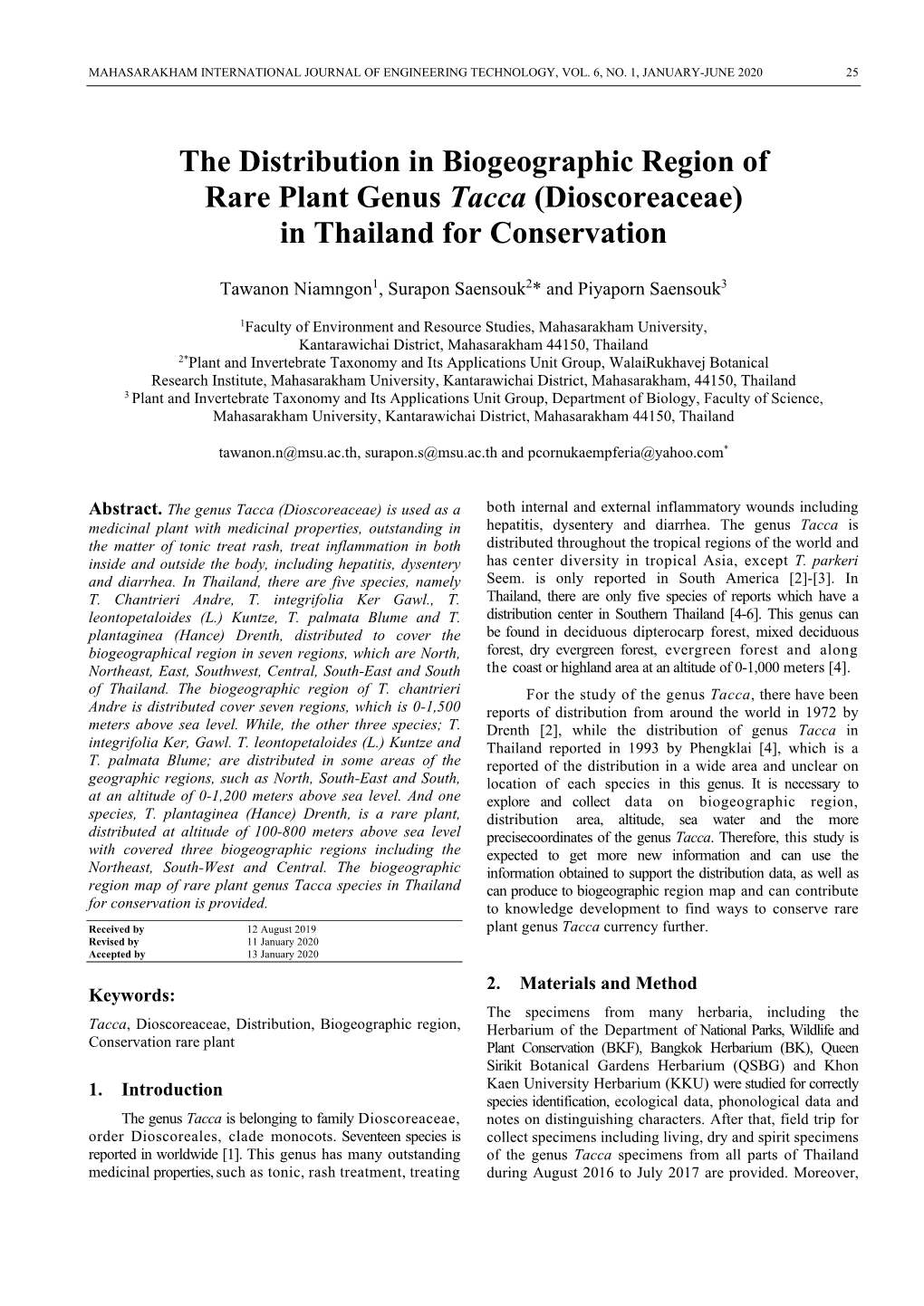 The Distribution in Biogeographic Region of Rare Plant Genus Tacca (Dioscoreaceae) in Thailand for Conservation