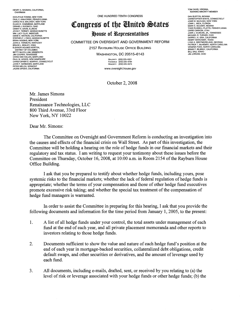 Letter to James Simons Requesting Testimony at Hearing on Financial