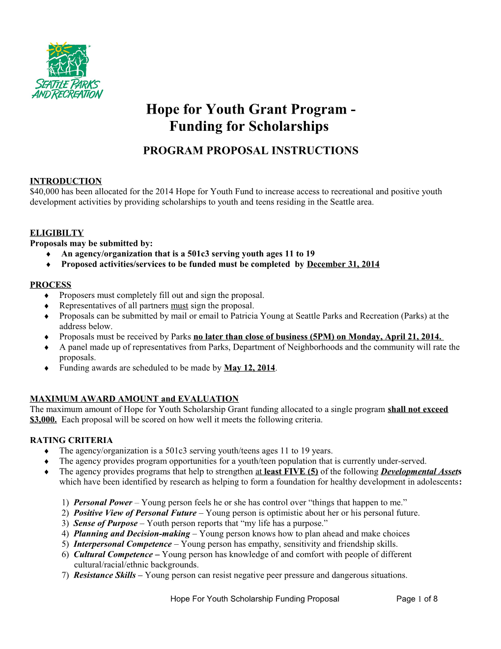 Hope for Youth Scholarship Support Proposal