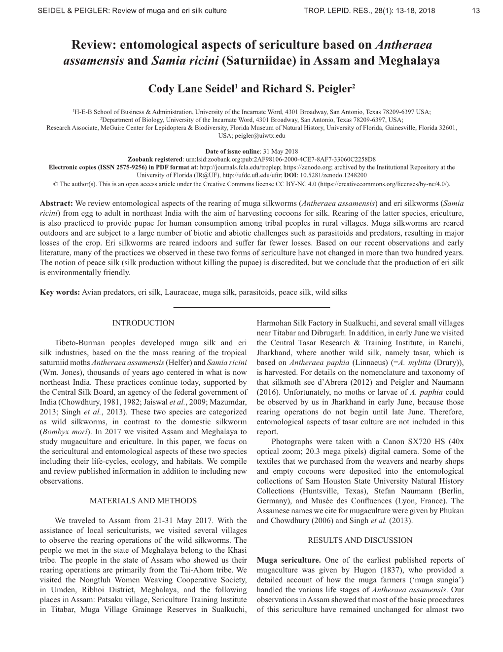 Entomological Aspects of Sericulture Based on Antheraea Assamensis and Samia Ricini (Saturniidae) in Assam and Meghalaya