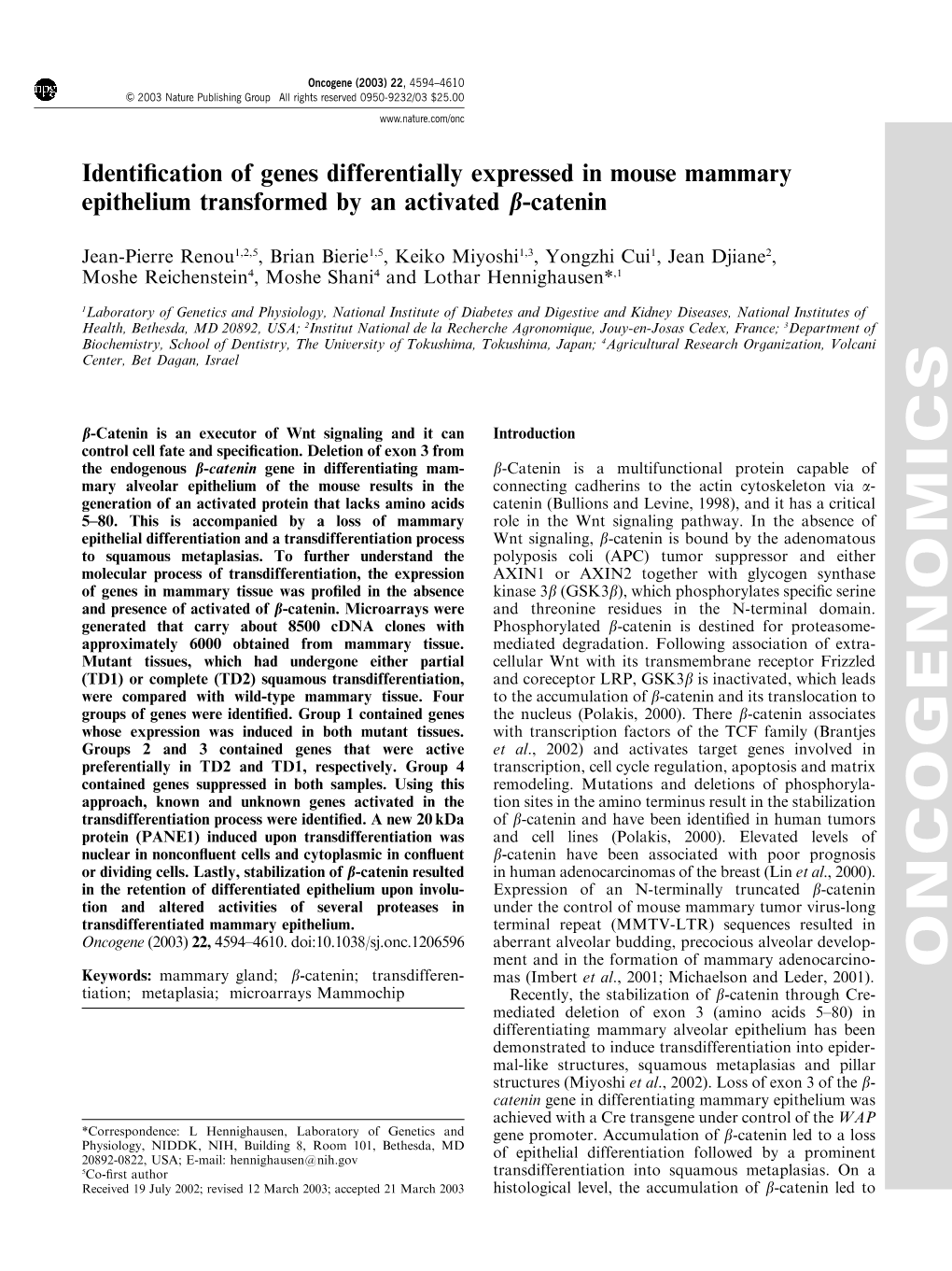 Identification of Genes Differentially Expressed in Mouse Mammary